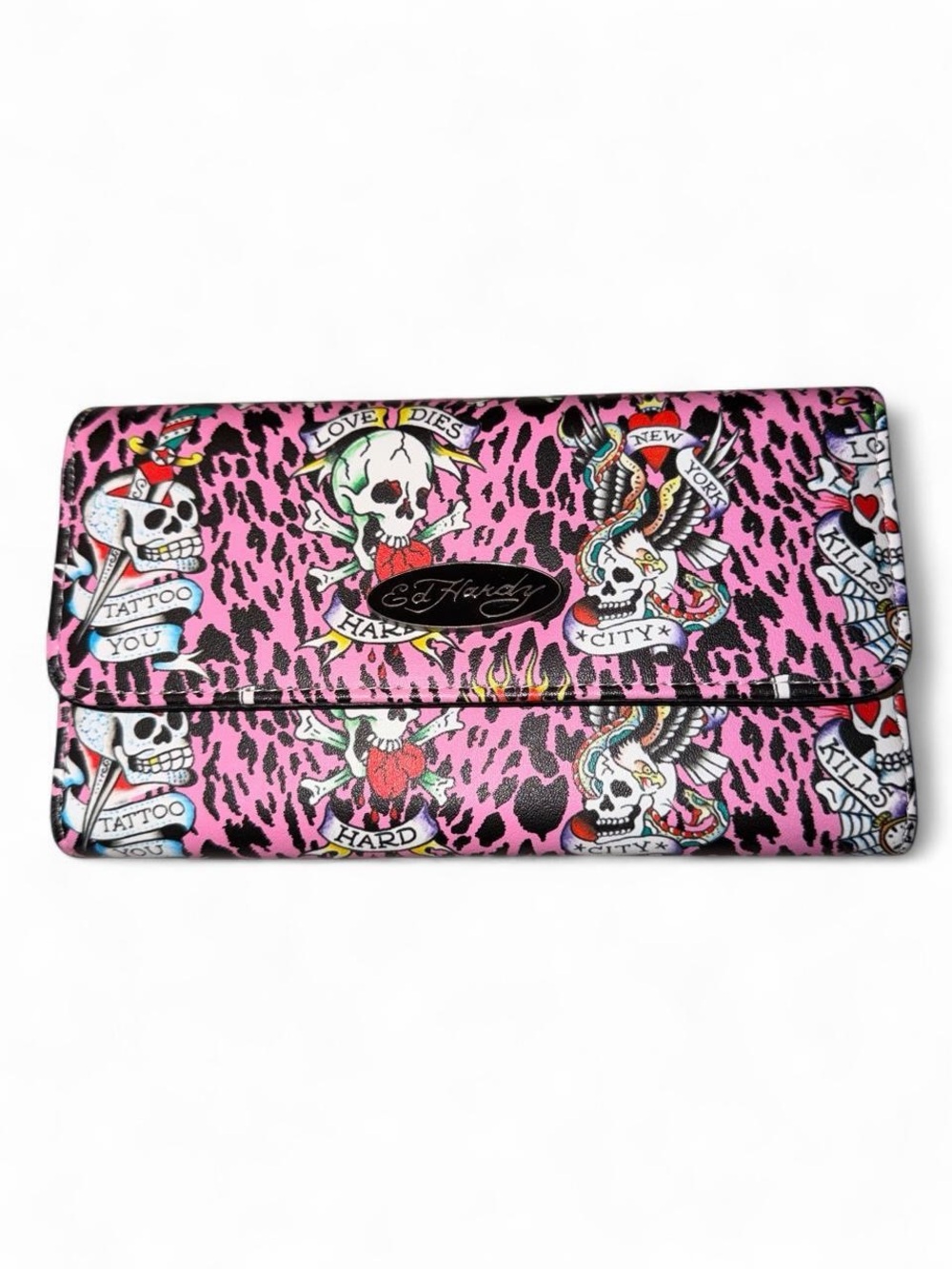 Ed Hardy Pink Tattoo-Print Foldover Wristlet Clutch